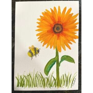 Hand painted watercolor original painting sunflower and bee